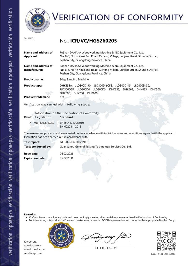 Edge banding machine CE certificate